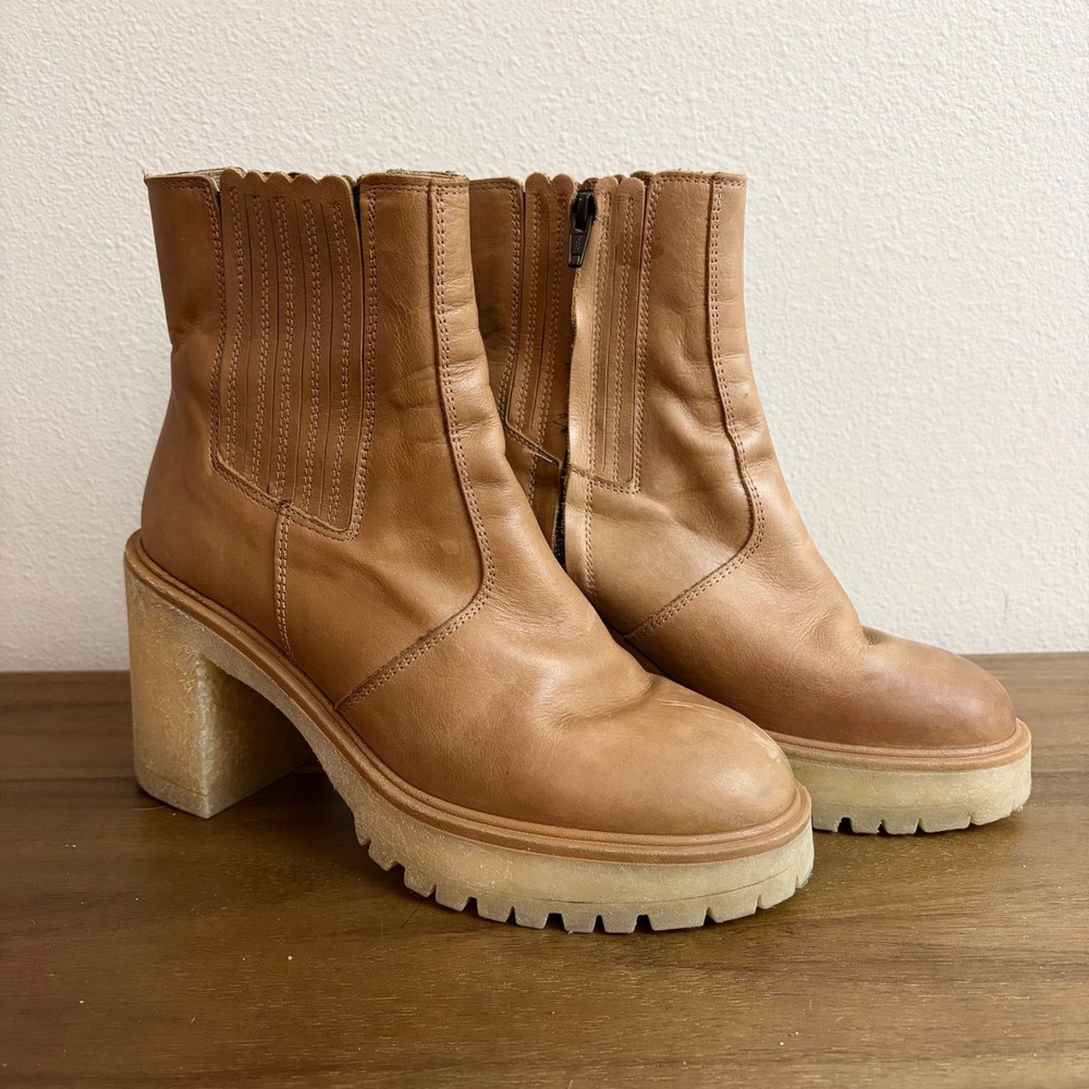 Free People James Chelsea Platform Boots 7.5 Tan Lug Sole Block Heel Zip Up